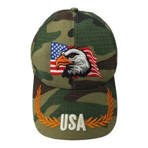 Bald Eagle USA Flag Camo Strapback Cap Embroidered Curved Brim Baseball Hat